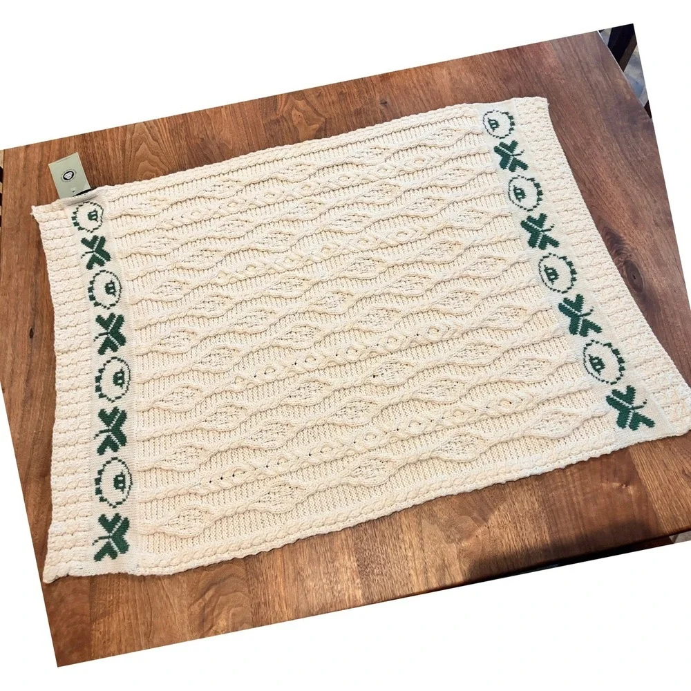 The Irish Store Aran Baby Blanket Merino Wool Cream Green Sheep Shamrock Ireland